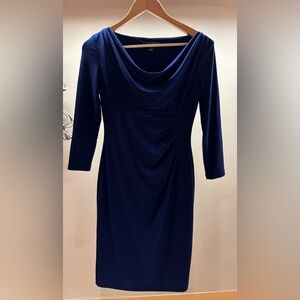 Lauren Ralph Lauren Sapphire Blue Side Ruched V Neck Knit Dress ¾ Sleeve 2P